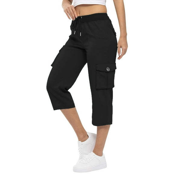 Mohiass Capri Pants for Women,Women's Pants Lightweight Hiking Cargo Pockets Casual Travel Cropped Cotton Pants with Pockets Black L