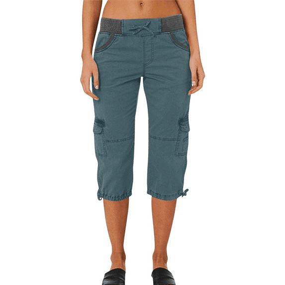 Mohiass Capri Pants for Women,Women's Pants Lightweight Hiking Cargo Pockets Casual Travel Cropped Cotton Pants with Pockets Blue L