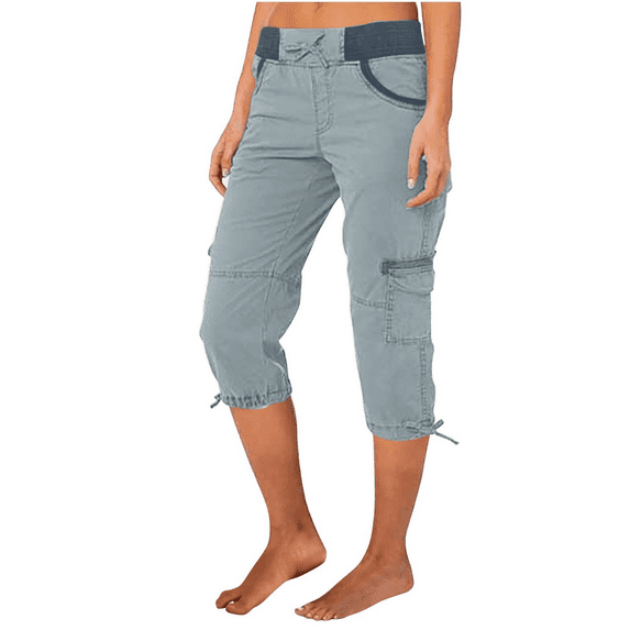 Mohiass Capri Pants for Women,Women's Pants Lightweight Hiking Cargo Pockets Casual Travel Cropped Cotton Pants with Pockets Light Blue L