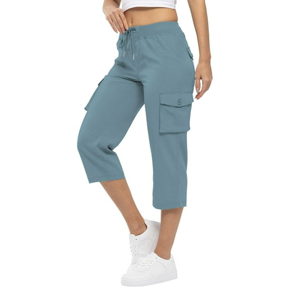 Mohiass Capri Pants for Women,Women's Pants Lightweight Hiking Cargo Pockets Casual Travel Cropped Cotton Pants with Pockets Sky Blue L