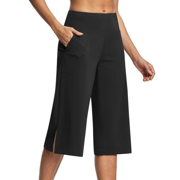 Mohiass Capris for Women Clearance Summer Wide Leg Capri Pants for Women Stretch Yoga Tummy Control High Waisted Women Capri Pants with Pockets Black L
