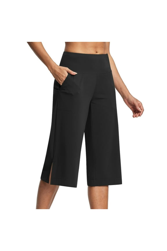 Capris for Women Clearance Summer Wide Leg Capri Pants for Women Stretch Yoga Tummy Control High Waisted Women Capri Pants with Pockets Black L