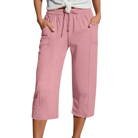 Mohiass Capris for Women Plus Size High Waisted Summer Wide Leg Capri Pants for Women with Pockets Drawstring Cotton Linen Women's Capris Pull on Pink XL