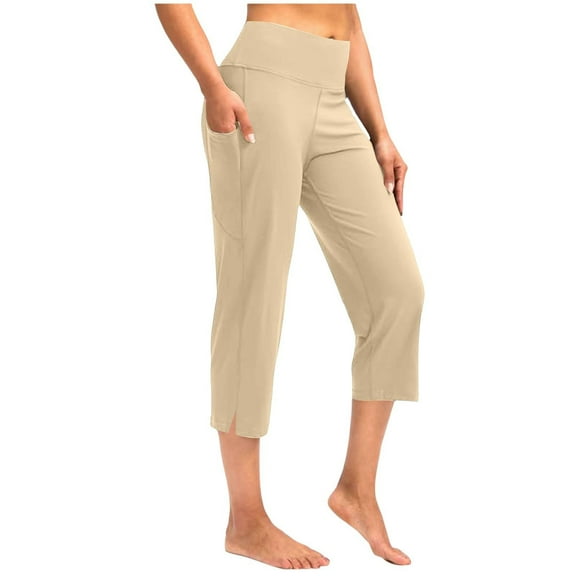 Mohiass Capris for Women Plus Size Yoga Wide Leg Womens Capris for Summer Tummy Control High Waisted Capris for Women with Pockets Khaki 3XL