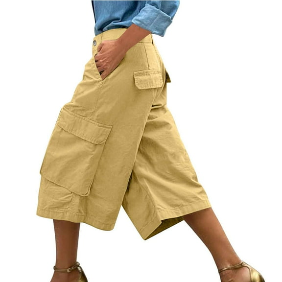 Mohiass Cargo Capris for Women with Pockets Wide Leg High Waisted Capri Pants Summer Caual Loose Cropped Trousers Yellow 2XL