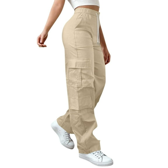 Mohiass Cargo Pants for Women Wide Leg Casual High Waist Baggy Elastic Drawstring Hiking Track Pants Y2K Cute Sweatpants Beige 2XL