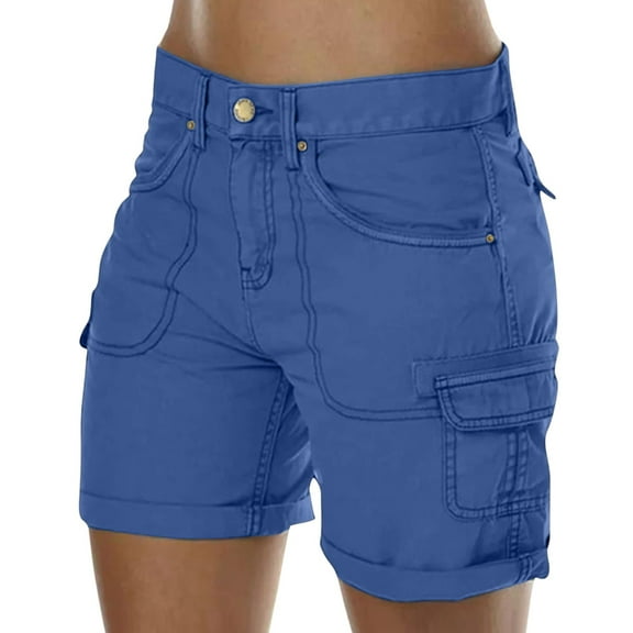 Mohiass Womens Cargo Shorts with Pockets Knee Length High Waisted Summer Bermuda Shorts Trendy Casual Pull on Hiking Shorts Blue XL