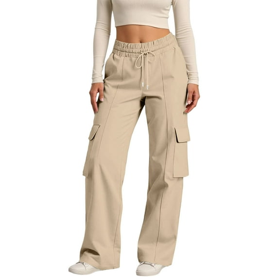 Mohiass Cargo Sweatpants Women High Waisted Baggy Cargo Pants Wide Leg Sweat Pants Drawstring Athletic Joggers with Pockets Khaki S