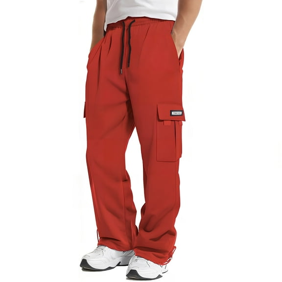 Mohiass Cargo Sweatpants for Men Lightweight Elastic Waist Wide Leg Baggy Pants Drawstring Gym Open Bottom Joggers Trousers with Pockets Red L
