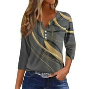 Mohiass Casual 3/4 Sleeve Marble Print Shirts Button Up Henley V Neck Dressy Blouse Summer Tunic Tops Gray S