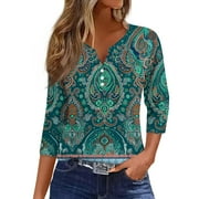 Mohiass Casual Button Up 3/4 Sleeve Shirts Henley V Neck Floral Print Summer Blouse 2024 Dressy T Shirts Army Green 3XL