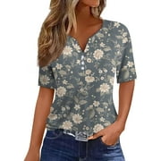 Mohiass Casual Button Up Floral Print T Shirts Henley V Neck Short Sleeve Dressy Shirts 2024 Blouse Gray 2XL