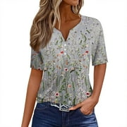 Mohiass Casual Henley V Neck Short Sleeve T Shirts Floral Print Button Up Dressy Shirts Summer Tunic Tops Light Gray S