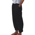 thumbnail image 1 of Mohiass Striped Linen Pants Women Side Button Elastic Waist Capri Gauze Pants Lightweight Summer Beach Cropped Trousers 2025 Black M, 1 of 5
