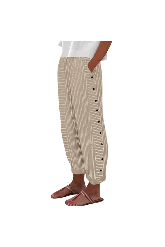 Striped Linen Pants Women Side Button Elastic Waist Capri Gauze Pants Lightweight Summer Beach Cropped Trousers 2025 Khaki 2XL