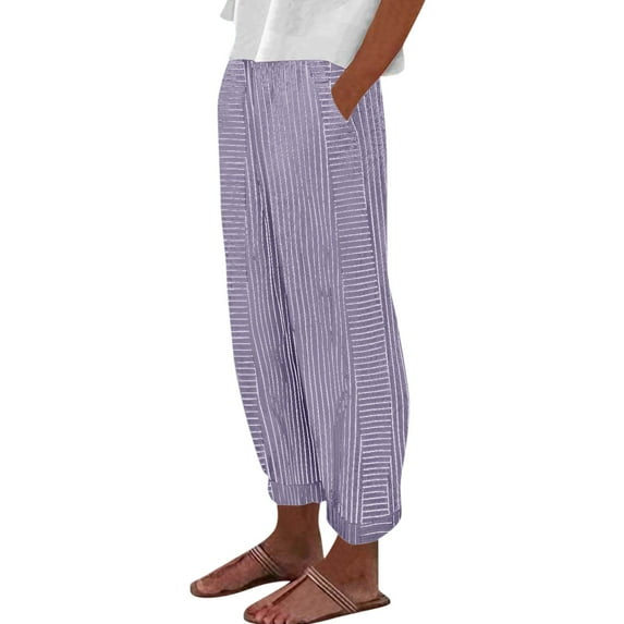 Mohiass Striped Linen Pants Women Side Button Elastic Waist Capri Gauze Pants Lightweight Summer Beach Cropped Trousers 2025 Light Purple L