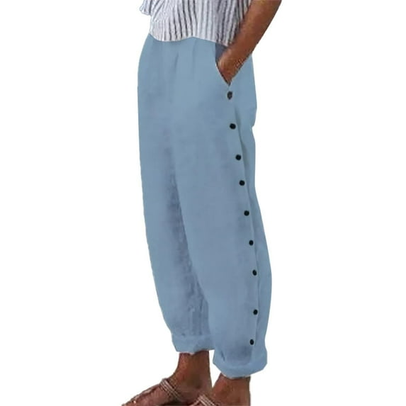 Mohiass Striped Linen Pants Women Side Button Elastic Waist Capri Gauze Pants Lightweight Summer Beach Cropped Trousers 2025 Sky Blue 2XL