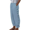 thumbnail image 1 of Mohiass Striped Linen Pants Women Side Button Elastic Waist Capri Gauze Pants Lightweight Summer Beach Cropped Trousers 2025 Sky Blue S, 1 of 5
