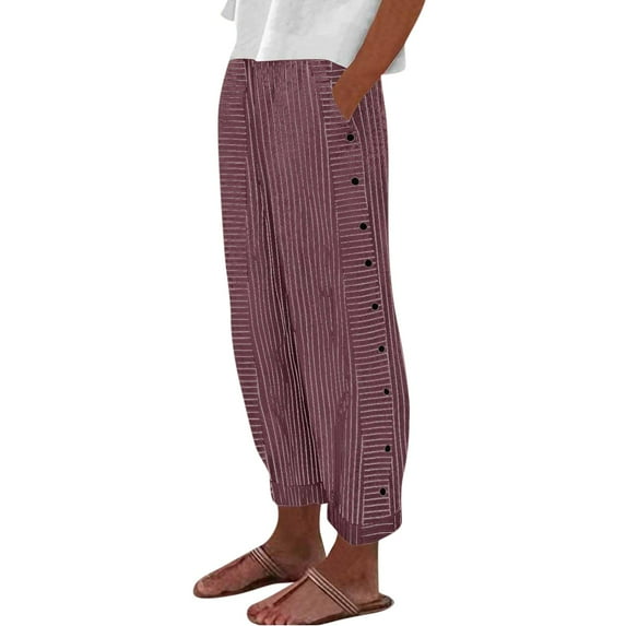 Mohiass Striped Linen Pants Women Side Button Elastic Waist Capri Gauze Pants Lightweight Summer Beach Cropped Trousers 2025 Wine M