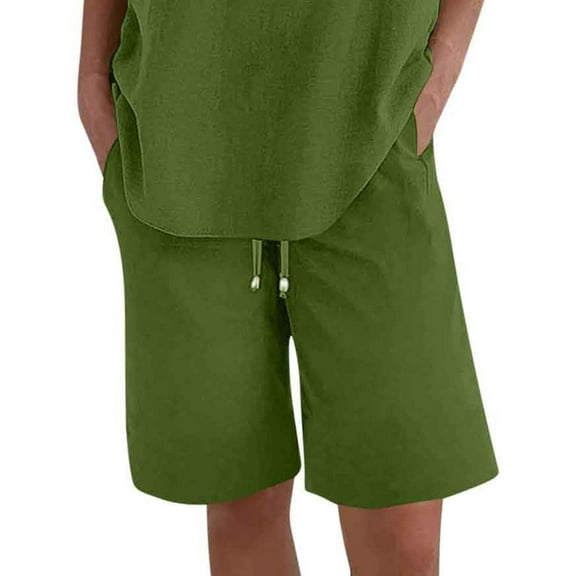 Mohiass Casual Shorts for Women Knee Length Loose Wide Leg Bermuda 2025 Summer Elastic Waist Short Pants with Pockets Army Green L