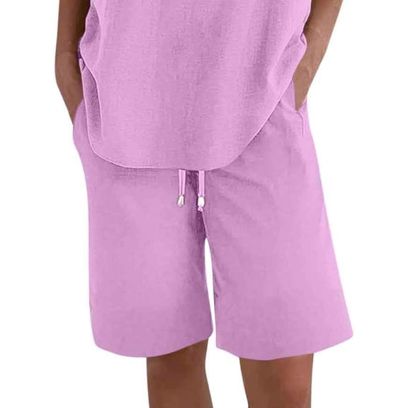 Mohiass Casual Shorts for Women Knee Length Loose Wide Leg Bermuda 2025 Summer Elastic Waist Short Pants with Pockets Pink L