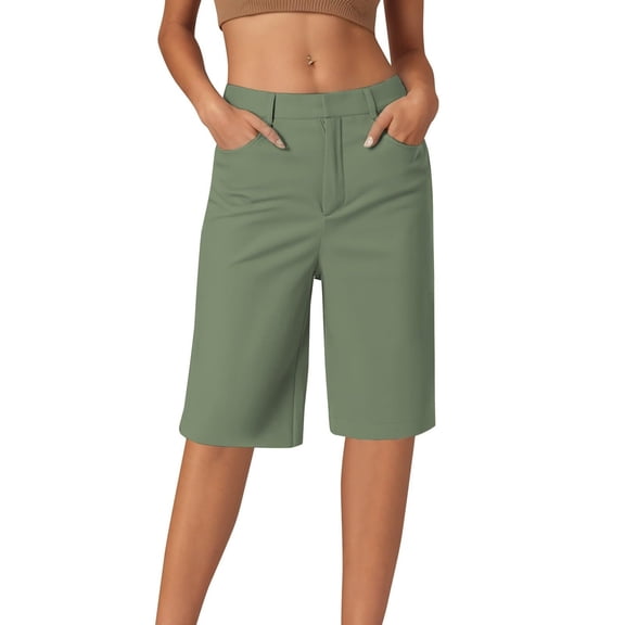 Mohiass Chino Bermuda Shorts for Women Summer Trendy Pull On Knee Length High Waisted Comfy Stretchy Long Shorts Army Green S