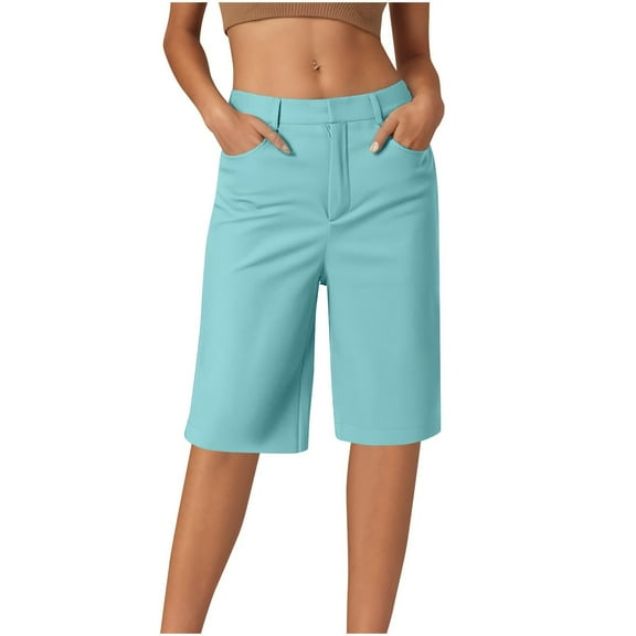 Mohiass Chino Bermuda Shorts for Women Summer Trendy Pull On Knee Length High Waisted Comfy Stretchy Long Shorts Blue L