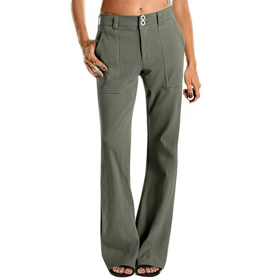Mohiass Chino Pants for Women Button High Waisted Y2k Twill Wide Leg Dress Pants Loose Fit Office Work Trousers with Pockets Army Green L