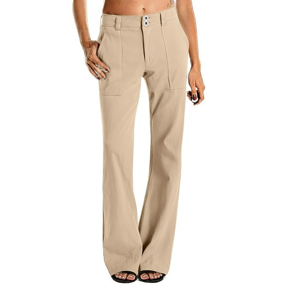 Mohiass Chino Pants for Women Button High Waisted Y2k Twill Wide Leg Dress Pants Loose Fit Office Work Trousers with Pockets Khaki L