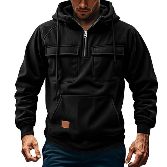 Mohiass Corduroy Jacket Cargo Big And Tall Hoodies for Men Quarter Zip Up Hooded Sweatshirts Workout Gym Men Fashion Outdoor Black M
