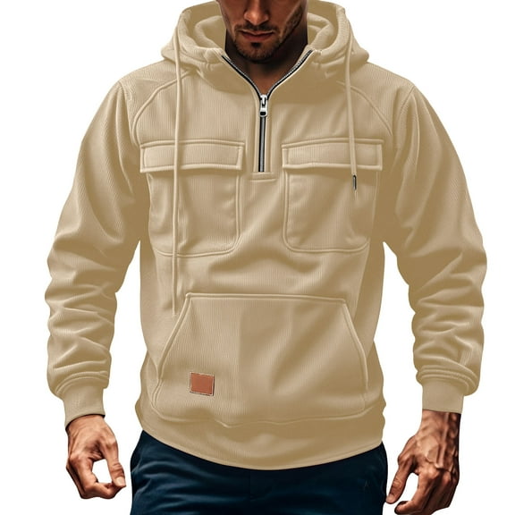 Mohiass Corduroy Jacket Cargo Big And Tall Hoodies for Men Quarter Zip Up Hooded Sweatshirts Workout Gym Men Fashion Outdoor Khaki S