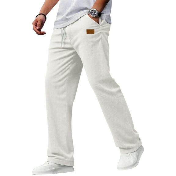 Mohiass Corduroy Pants Men Slim Fit Baggy Big and Tall Straight Leg Casual Sweatpants Relaxed Fit Elastic Waist Drawstring Trousers White M