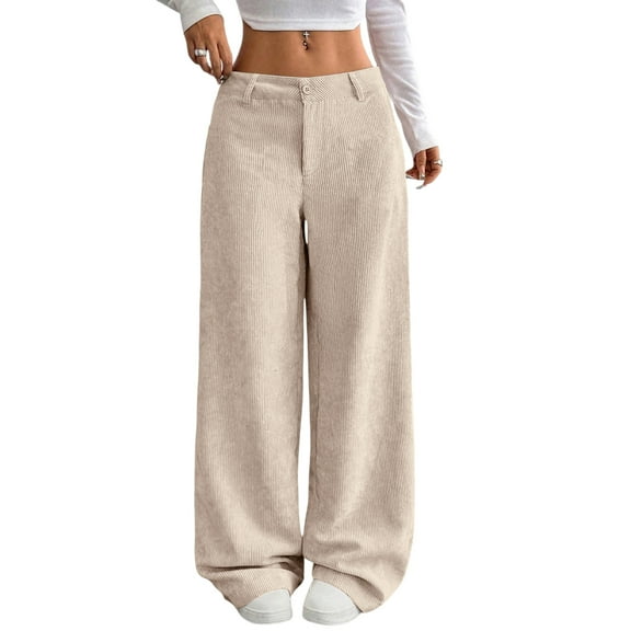 Mohiass Corduroy Pants Women Baggy Button High Waisted Wide Barrel Leg Lounge Pants Fall Business Casual Work Trousers with Pockets Beige M