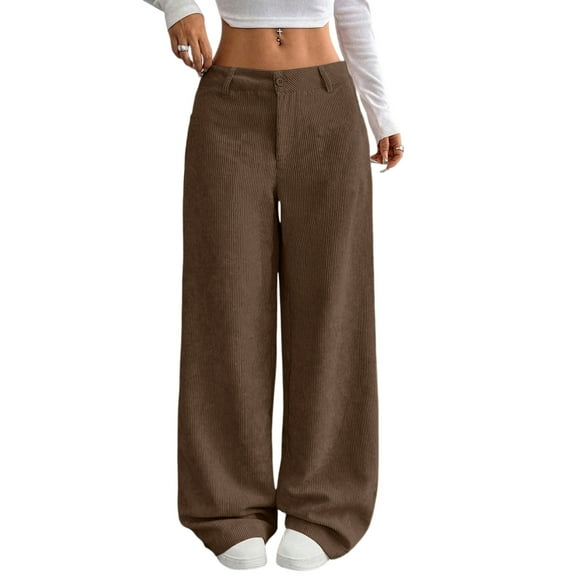 Mohiass Corduroy Pants Women Baggy Button High Waisted Wide Barrel Leg Lounge Pants Fall Business Casual Work Trousers with Pockets Brown M
