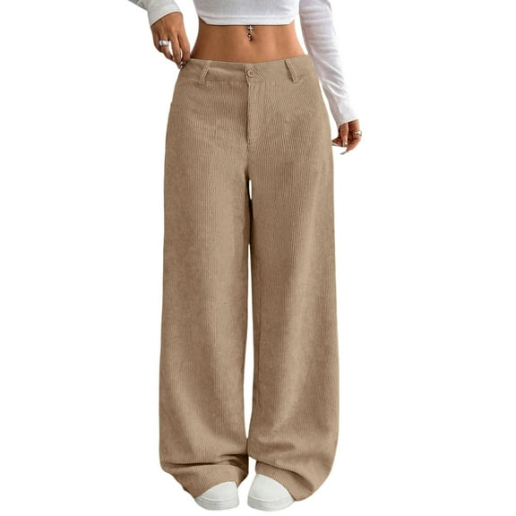 Mohiass Corduroy Pants Women Baggy Button High Waisted Wide Barrel Leg Lounge Pants Fall Business Casual Work Trousers with Pockets Khaki L