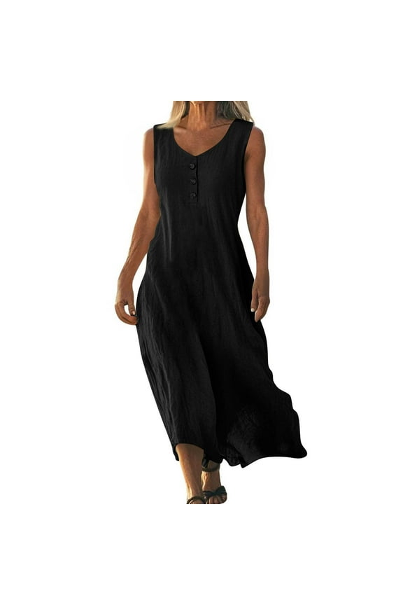 Cotton Linen Dresses for Women 2025 Summer Casual V Neck Sleeveless Maxi Dress Flowy Beach Vacation Travel Dress Black M