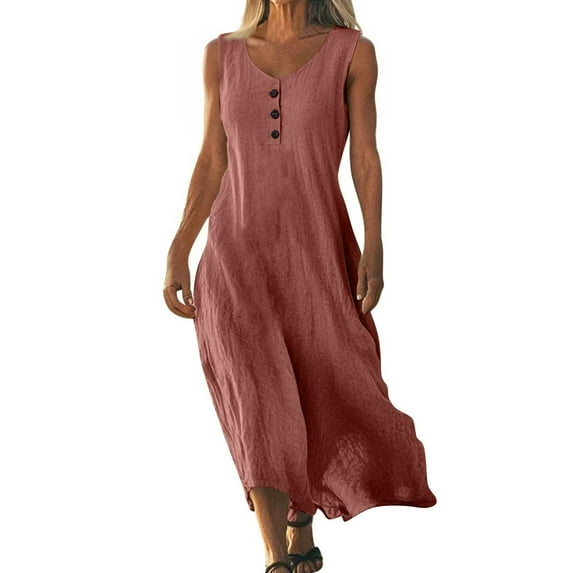 Mohiass Cotton Linen Dresses for Women 2025 Summer Casual V Neck Sleeveless Maxi Dress Flowy Beach Vacation Travel Dress Pink M