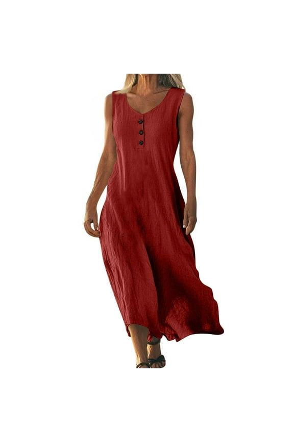 Cotton Linen Dresses for Women 2025 Summer Casual V Neck Sleeveless Maxi Dress Flowy Beach Vacation Travel Dress Wine M