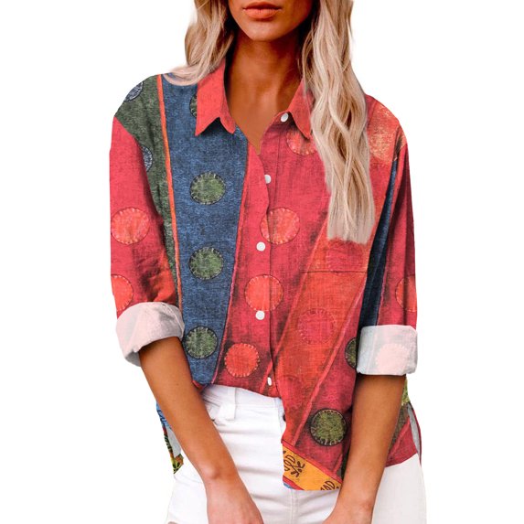 Mohiass Cotton Linen Shirts for Women Fall Long Sleeve Lapel Button Down Blouse Lightweight Gradient Loose Casual Fashion Tops Deep Red 2XL