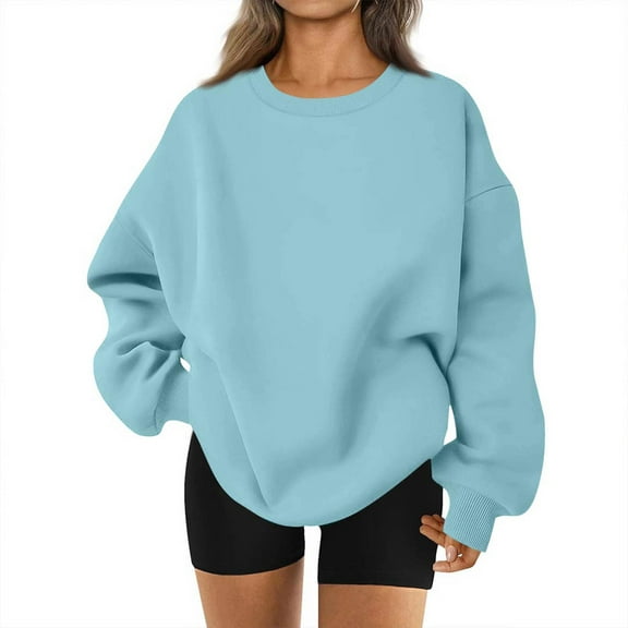Mohiass Crewneck Sweatshirts Women Fall Fleece Oversized Sweatshirt with Pockets Loose Fit Cute Hoodies Y2k Fashion Clothing Light Blue XL