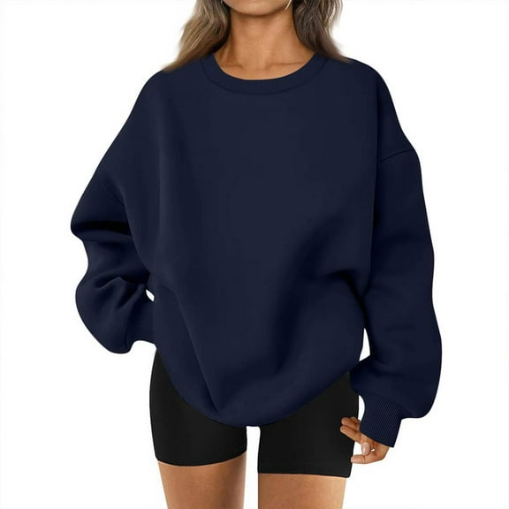 Mohiass Crewneck Sweatshirts Women Fall Fleece Oversized Sweatshirt with Pockets Loose Fit Cute Hoodies Y2k Fashion Clothing Navy L