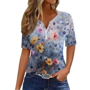 Mohiass Dressy Floral Print Henley V Neck T Shirts Button Up Short Sleeve 2024 Shirts Summer Blouse Dark Gray 3XL