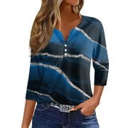 Mohiass Dressy Henley V Neck Marble Print Blouse 3/4 Sleeve Button Up 2024 Shirts Summer Tunic Tops Blue M