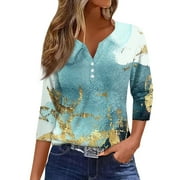Mohiass Dressy Henley V Neck Shirts Marble Print Button Up 2024 Blouse Casual Summer Tunic Tops Cyan S