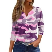 Mohiass Dressy Marble Print Henley V Neck Shirts Button Up 3/4 Sleeve 2024 Blouse Casual Tunic Tops Purple 3XL