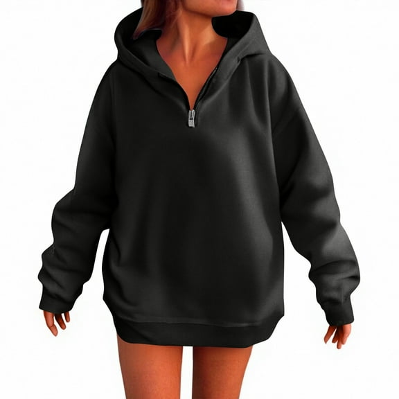 Mohiass Fall Half Zip Hooded Sweatshirts for Women Cute Plain Oversized Hoodies 2025 Basic Winter Trendy Pullover Tops Black M
