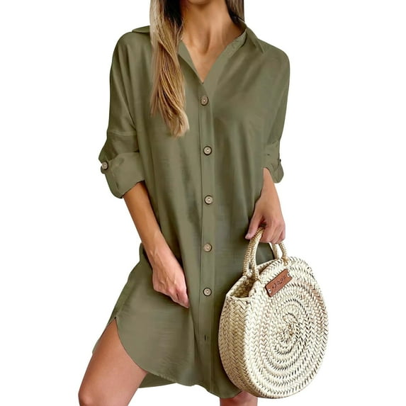 Mohiass Fall Shirt Dresses for Women 2024 Lapel Solid Color Button Down Long Sleeve Elegant Going Out Work Dress Army Green M