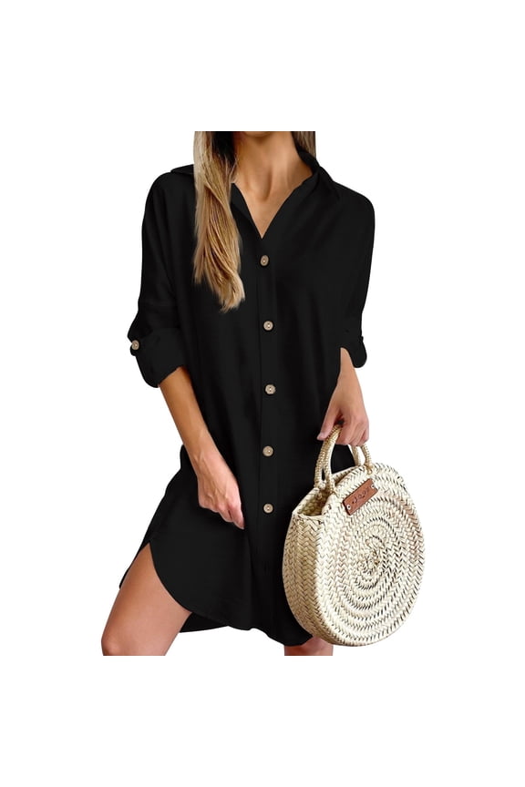 Fall Shirt Dresses for Women 2024 Lapel Solid Color Button Down Long Sleeve Elegant Going Out Work Dress Black XL