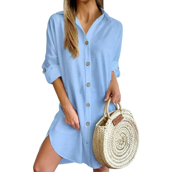 Mohiass Fall Shirt Dresses for Women 2024 Lapel Solid Color Button Down Long Sleeve Elegant Going Out Work Dress Blue S