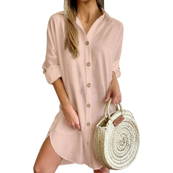 Mohiass Fall Shirt Dresses for Women 2024 Lapel Solid Color Button Down Long Sleeve Elegant Going Out Work Dress Pink 2XL